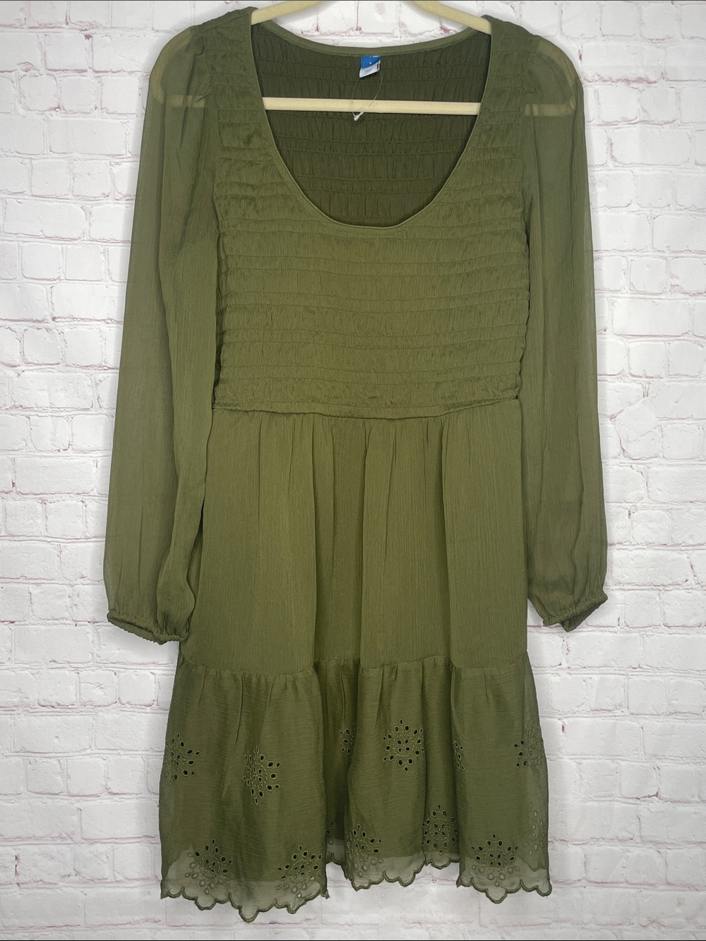 Old Navy Smocked Peasant Long Sleeve Mini Eyelet Green Large Dress Ruffle Hem